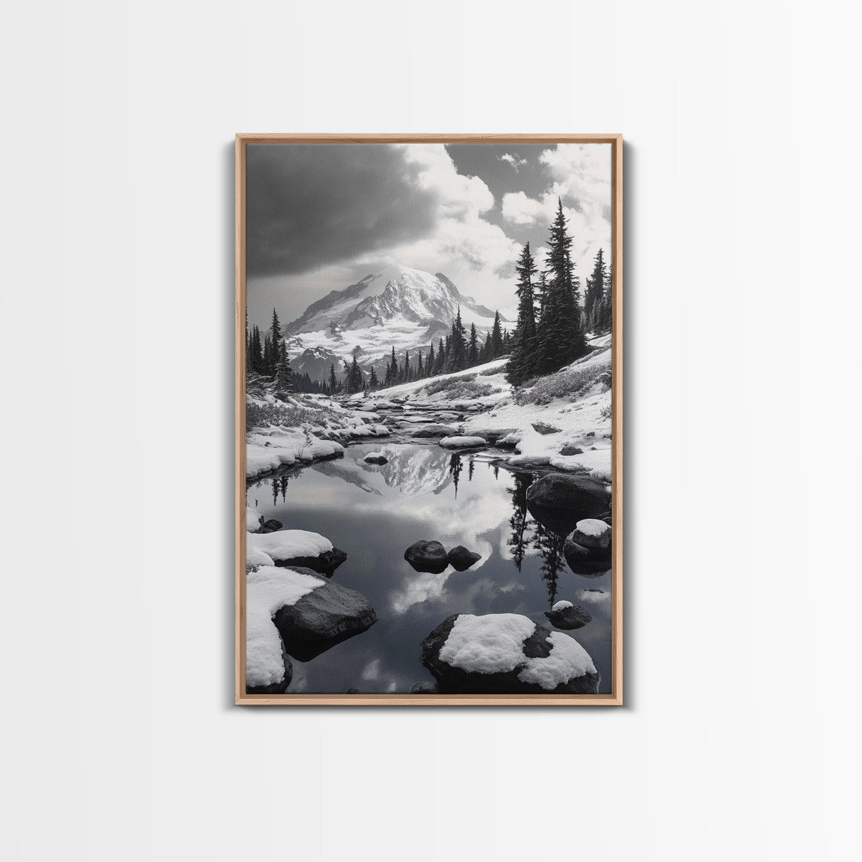 Snowy Mountain, Winter Landscape, Reflection Lake, Canvas Print, Black and White Nature Art, Cabin Wall Art, Adventure Photography