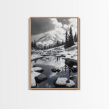 Snowy Mountain, Winter Landscape, Reflection Lake, Canvas Print, Black and White Nature Art, Cabin Wall Art, Adventure Photography