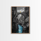 Canyon Bridge, Blue River, Yellow Figure, Framed Canvas Print, Bold Color Photography, Dramatic Landscape, Office Statement Art