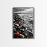Red Shoreline, Bold Pebbles, Coastal Mood, Canvas Print, Nautical Wall Art, Moody Landscape, Black White Red Art, Nature Lover Gift