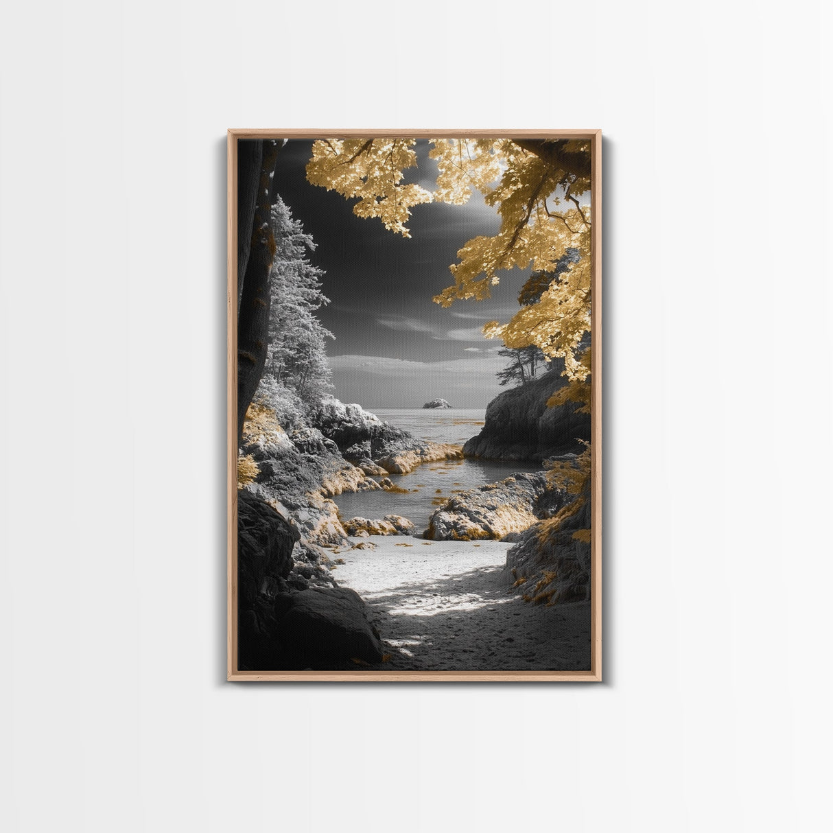 Yellow Trees, Autumn Beach, Ocean View, Framed Canvas Print, Nature Photography, Fall Landscape Wall Art, Coastal Living Room Decor