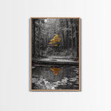 Lone Yellow Tree, Tranquil Pond, Forest Reflection, Canvas Print, Fall Nature Wall Art, Autumn Minimalist Decor, Peaceful Meditation Room
