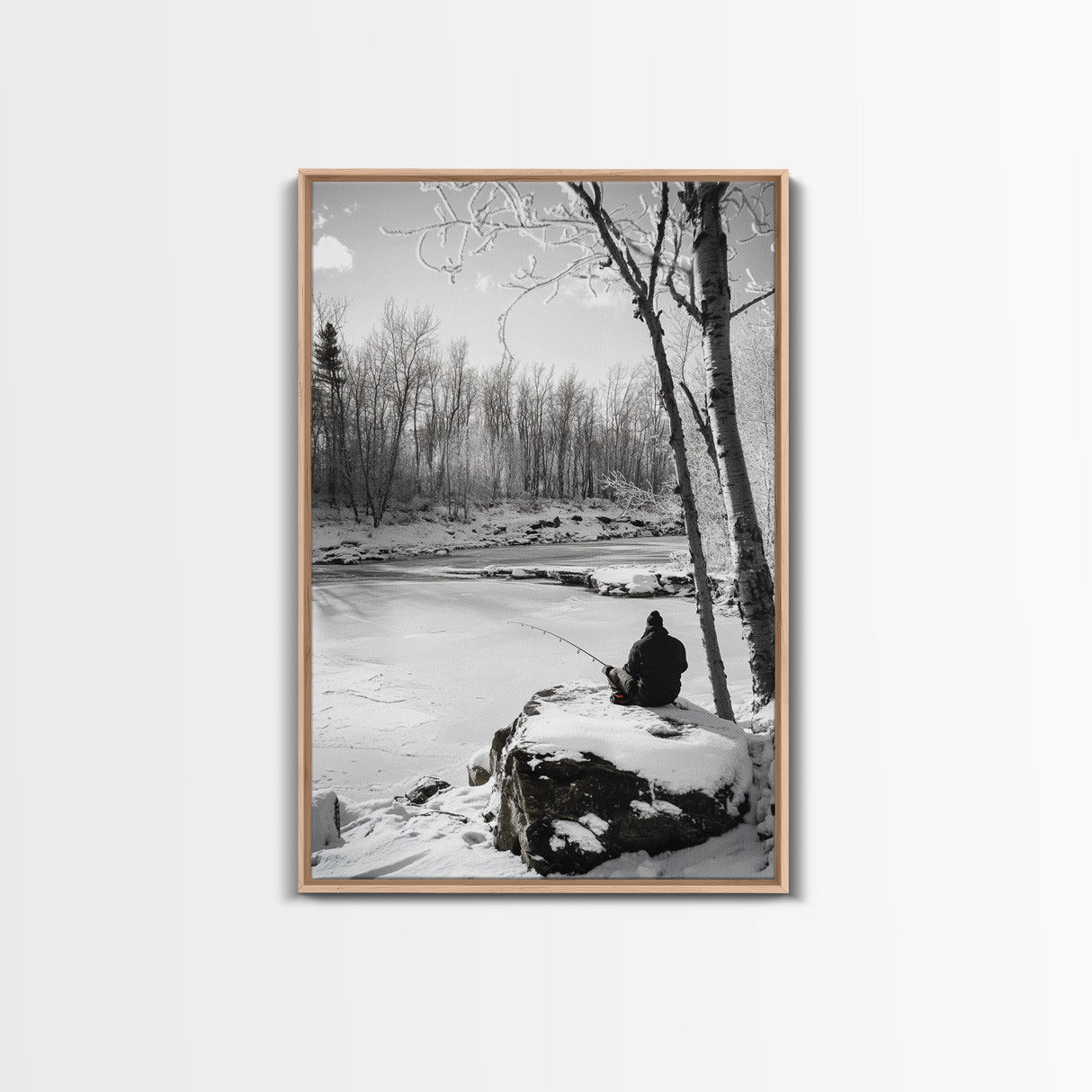 Winter Fishing, Snowy River, Peaceful Solitude, Canvas Print, Cabin Wall Art, Rustic Outdoor Decor, Black White Nature Photography
