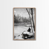 Winter Fishing, Snowy River, Peaceful Solitude, Canvas Print, Cabin Wall Art, Rustic Outdoor Decor, Black White Nature Photography