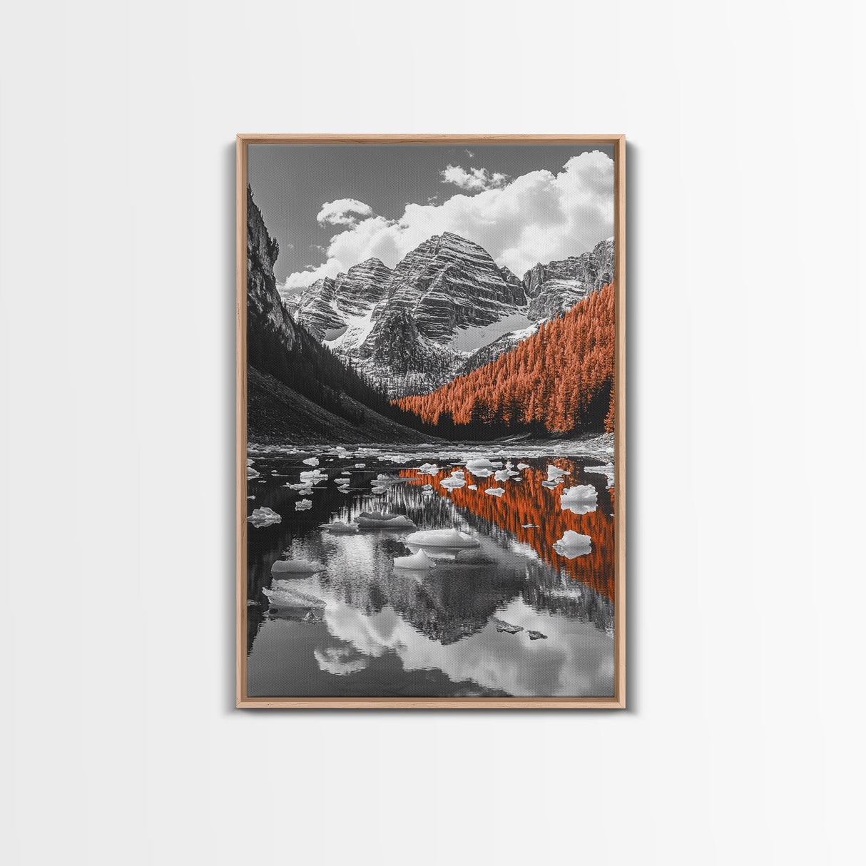 Mountain Reflections, Autumn Pines, Glacial Water Scene, Framed Canvas Print, Fall Landscape Wall Art, Nature Lover Home Decor