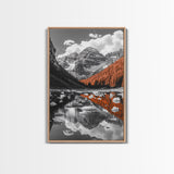Mountain Reflections, Autumn Pines, Glacial Water Scene, Framed Canvas Print, Fall Landscape Wall Art, Nature Lover Home Decor