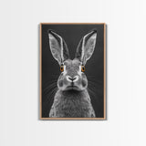 Wide Eyed Rabbit, Animal Portrait, Monochrome Humor, Framed Canvas Print, Nursery Wall Art, Whimsical Minimalist Decor, Funny Gift