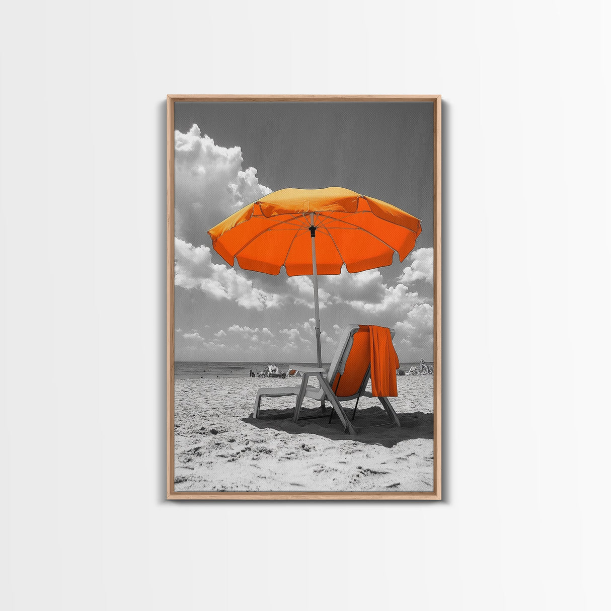 Orange Umbrella Shade, Beach Chill Scene, Relax Spot, Framed Canvas Print, Summer Wall Art, Vacation Vibe Decor, Minimalist Beach Art