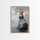 Rainbow Cliff, Soaring Bird, Ocean Rock Scene, Canvas Print, Nature Adventure Wall Art, Vibrant Seascape Decor, Coastal Living Accent