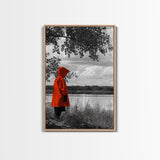 Red Coat Figure, Lakeside Reflection, Mystery Forest Mood, Canvas Print, Autumn Minimalist Wall Art, Moody Storybook Decor, Nature Style
