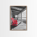 Red Porch Chairs, Lakeside Retreat, Cozy Country Morning, Framed Canvas Print, Farmhouse Decor, Rustic Living Room Wall Art, Peaceful Vibe