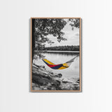 Hammock Lake Scene, Peaceful Nature Art, Fall Outdoors, Relaxed Escape, Framed Canvas Print, boho decor, bedroom art, cozy wall print