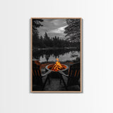 Campfire Chairs Lake, Autumn Firepit Scene, Rustic Retreat, Cabin Escape, Framed Canvas Print, cozy wall art, man cave cabin decor