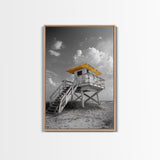 Lifeguard Tower Yellow, Beach Escape, Summer Vibe Art, Ocean Watch Post, Framed Canvas Print, coastal home decor, beach house wall art