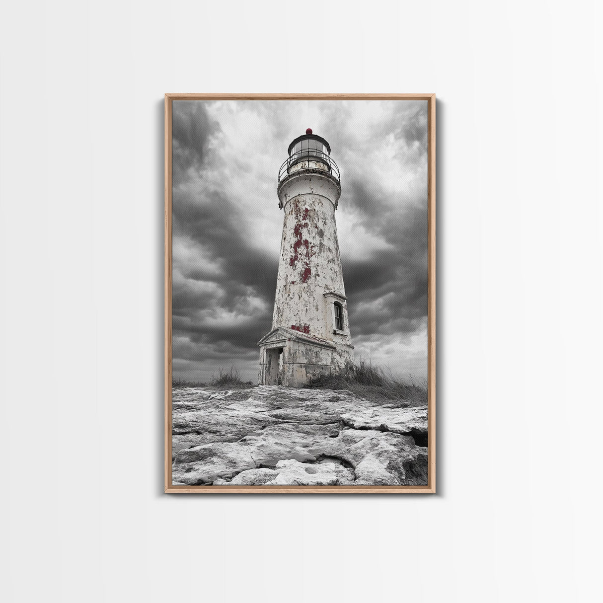 Rustic Lighthouse Shore, Weathered Tower Art, Stormy Coast Scene, Moody Seaside, Framed Canvas Print, nautical bathroom or den wall decor