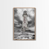 Rustic Lighthouse Shore, Weathered Tower Art, Stormy Coast Scene, Moody Seaside, Framed Canvas Print, nautical bathroom or den wall decor
