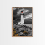 Red Beacon Lighthouse, Rocky Coast Light, Dramatic Storm Sky, Ocean Guide, Framed Canvas Print, nautical office wall art, bold coastal art