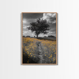 Yellow Meadow, Tree Path, Sunny Flowers, Autumn Framed Canvas Print, Field Landscape Wall Art, Nature Lover Decor, Boho Fall Vibes