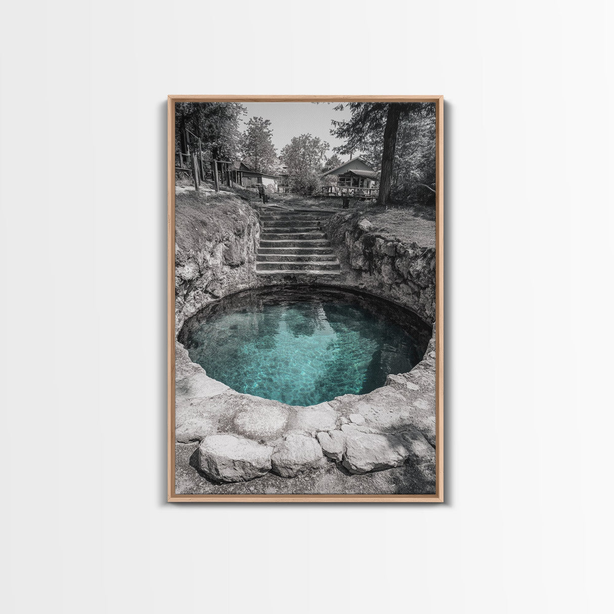 Hidden Spring Pool, Stone Garden Scene, Tranquil Nature Print, Zen Wall Decor, Framed Canvas Print, Minimalist Bathroom Wall Art