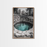 Hidden Spring Pool, Stone Garden Scene, Tranquil Nature Print, Zen Wall Decor, Framed Canvas Print, Minimalist Bathroom Wall Art