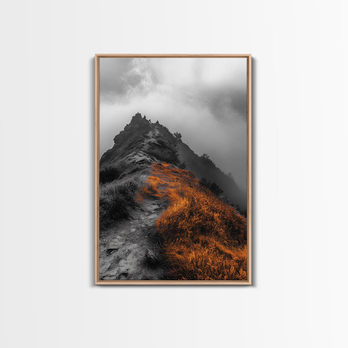 Misty Mountain Hike, Orange Trail Grass, Adventure Explorer Print, Moody Wilderness Scene, Framed Canvas Print, Rustic Cabin Wall Art