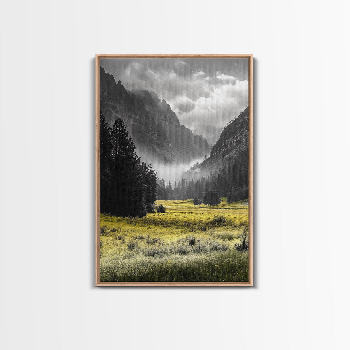 Yellow Meadow Valley, Foggy Mountain Scene, Serene Landscape Photography, Framed Canvas Print, Nature Lover Living Room Wall Art