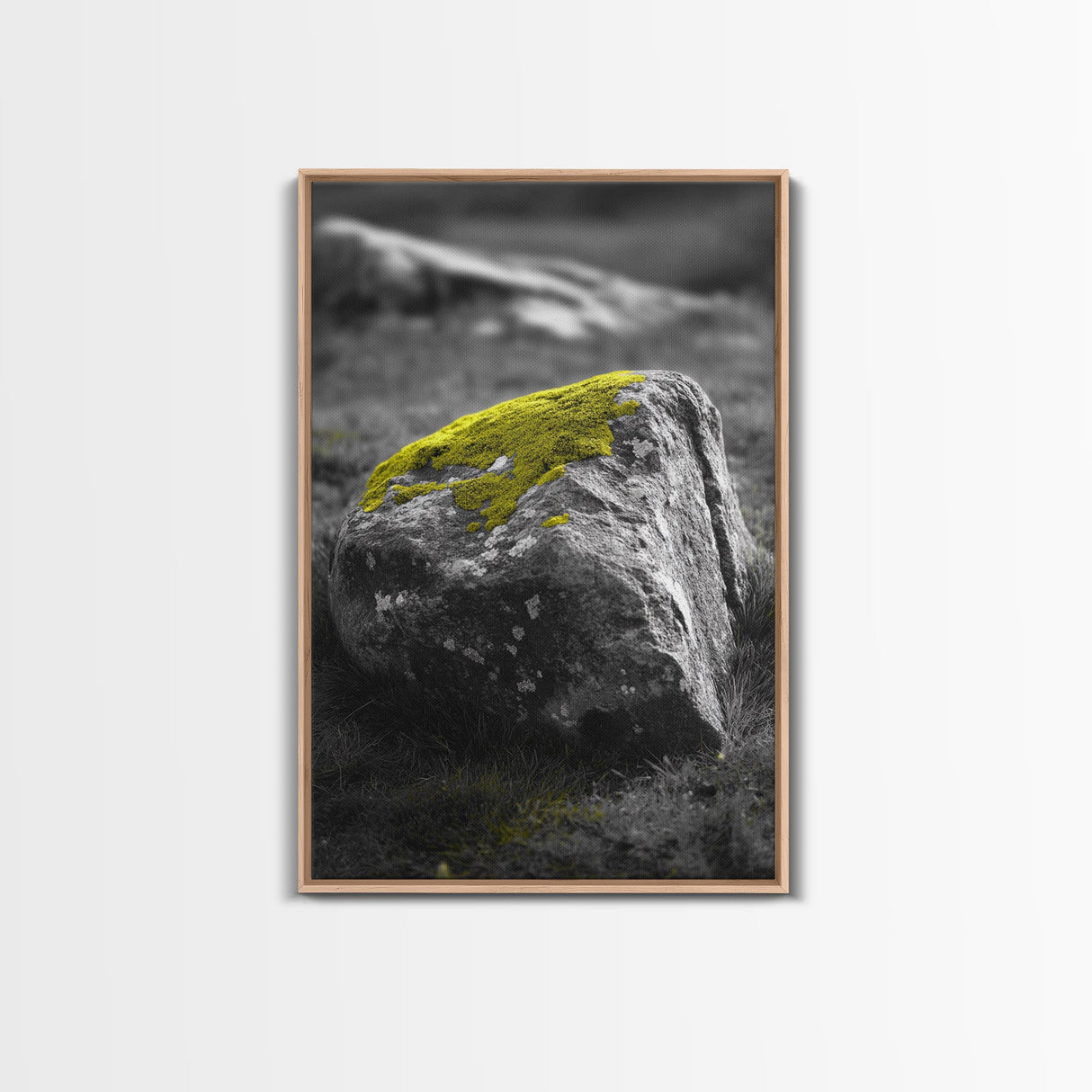 Mossy Stone Closeup, Earthy Nature Texture, Minimal Landscape Print, Framed Canvas Print, Modern Office Wall Decor, Zen Rock Art