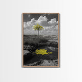 Solitary Tree, Desert Reflection, Yellow Leaves, Framed Canvas Print, Minimalist Wall Art, Bedroom Decor, Nature Fine Art Landscape