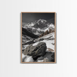 Snowy Alpine Scene, Winter Mountainscape, Nature Photography, Framed Canvas Print, Lodge Wall Art, Cabin Decor, Black and White Art