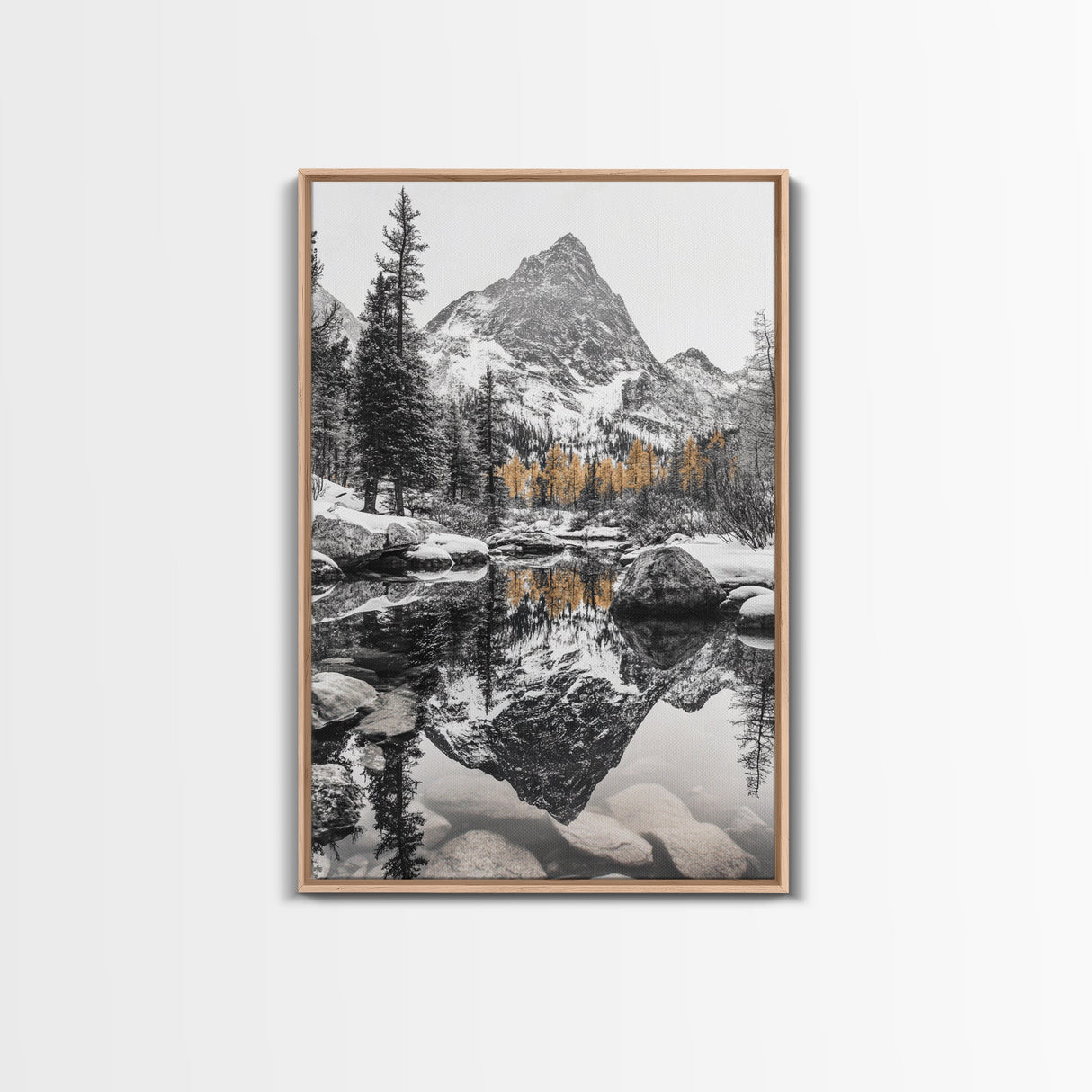 Snow Reflection Forest, Autumn Trees, Serene Mountain River, Framed Canvas Print, Bedroom Wall Art, Peaceful Cabin Scene, Fall Art