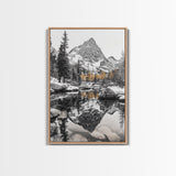 Snow Reflection Forest, Autumn Trees, Serene Mountain River, Framed Canvas Print, Bedroom Wall Art, Peaceful Cabin Scene, Fall Art