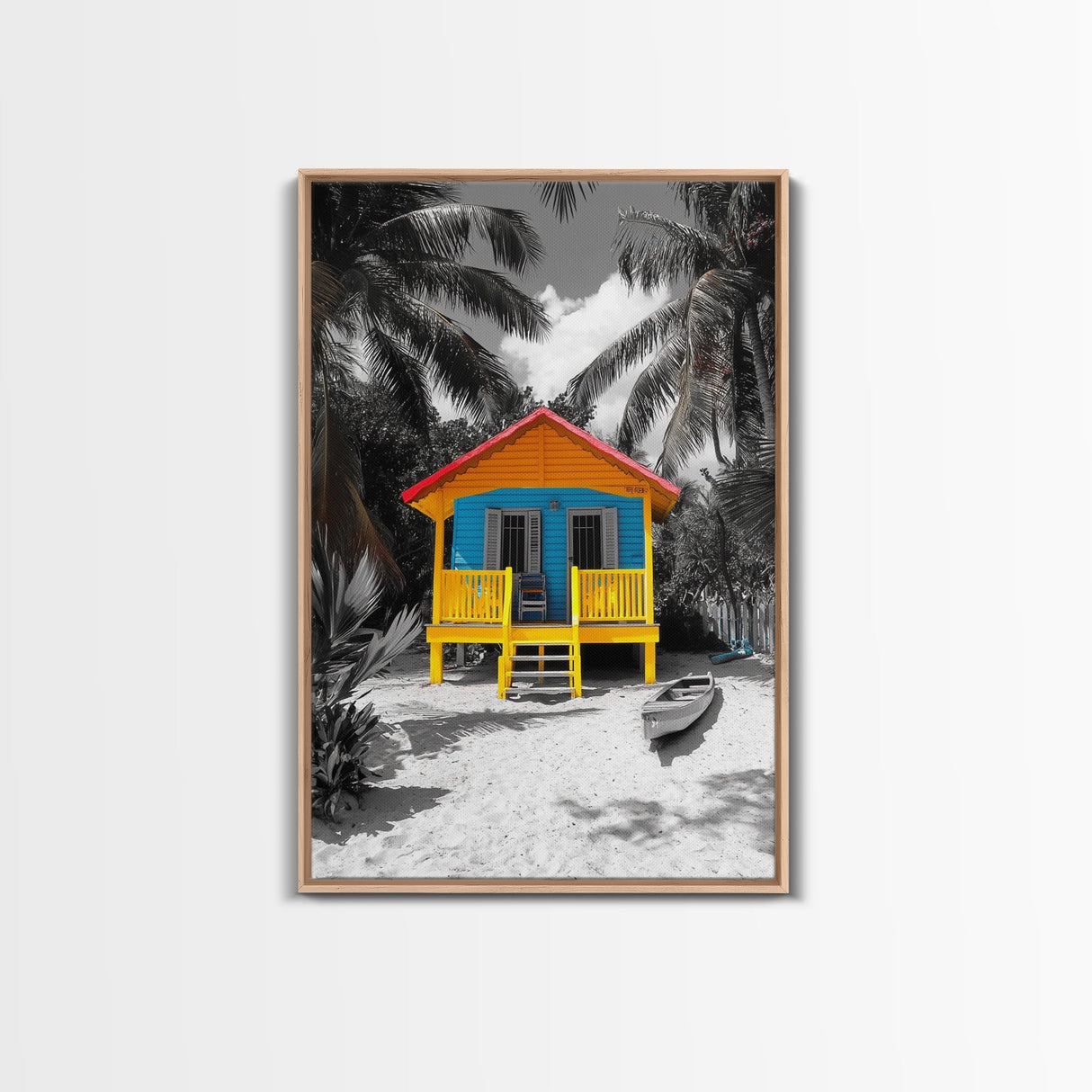 Tropical House, Beach Cabin, Bright Home, Summer Colors, Framed Canvas Print coastal wall decor, boho beach house art, tropical wall art