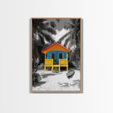 Tropical House, Beach Cabin, Bright Home, Summer Colors, Framed Canvas Print coastal wall decor, boho beach house art, tropical wall art