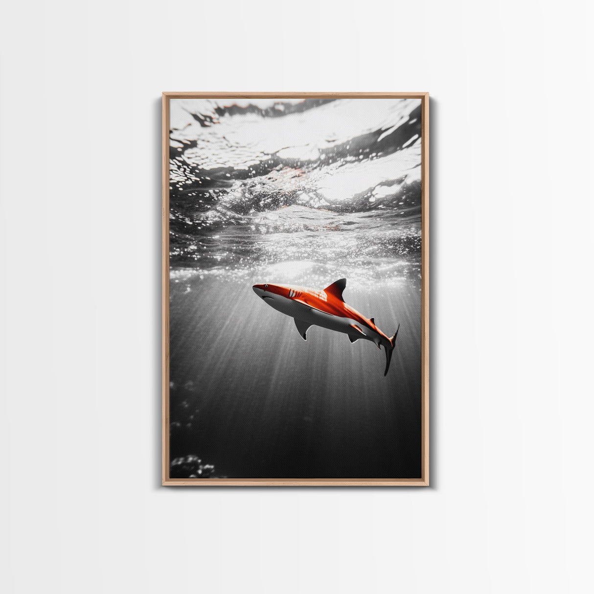 Red Shark, Underwater Scene, Ocean Light Rays, Color Contrast, Canvas Print, Modern Marine Art, Bathroom Wall Art, Nautical Style