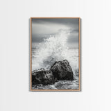 Ocean Splash, Rocky Coast, Dramatic Seascape, Monochrome Power, Framed Canvas Print, Coastal Wall Art, Entryway or Office Decor
