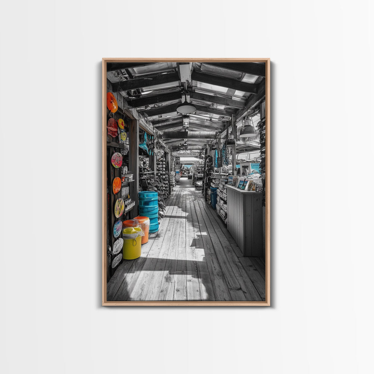 Market Stroll, Beach Shop, Coastal Market, Tropical Life, Framed Canvas Print, Boho Beach Art, Kitchen or Entryway Wall Art