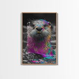 Colorful Otter, Vibrant Animal, Rainbow Fur, Framed Canvas Print, Kids Room Decor, Whimsical Wildlife Art, Playroom Wall Art, Bold Style
