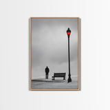 Red Street Lamp, Snowy Walkway, Silhouette Scene, Framed Canvas Print, Moody Wall Art, Minimalist Decor, Winter Vibes, Bedroom Accent