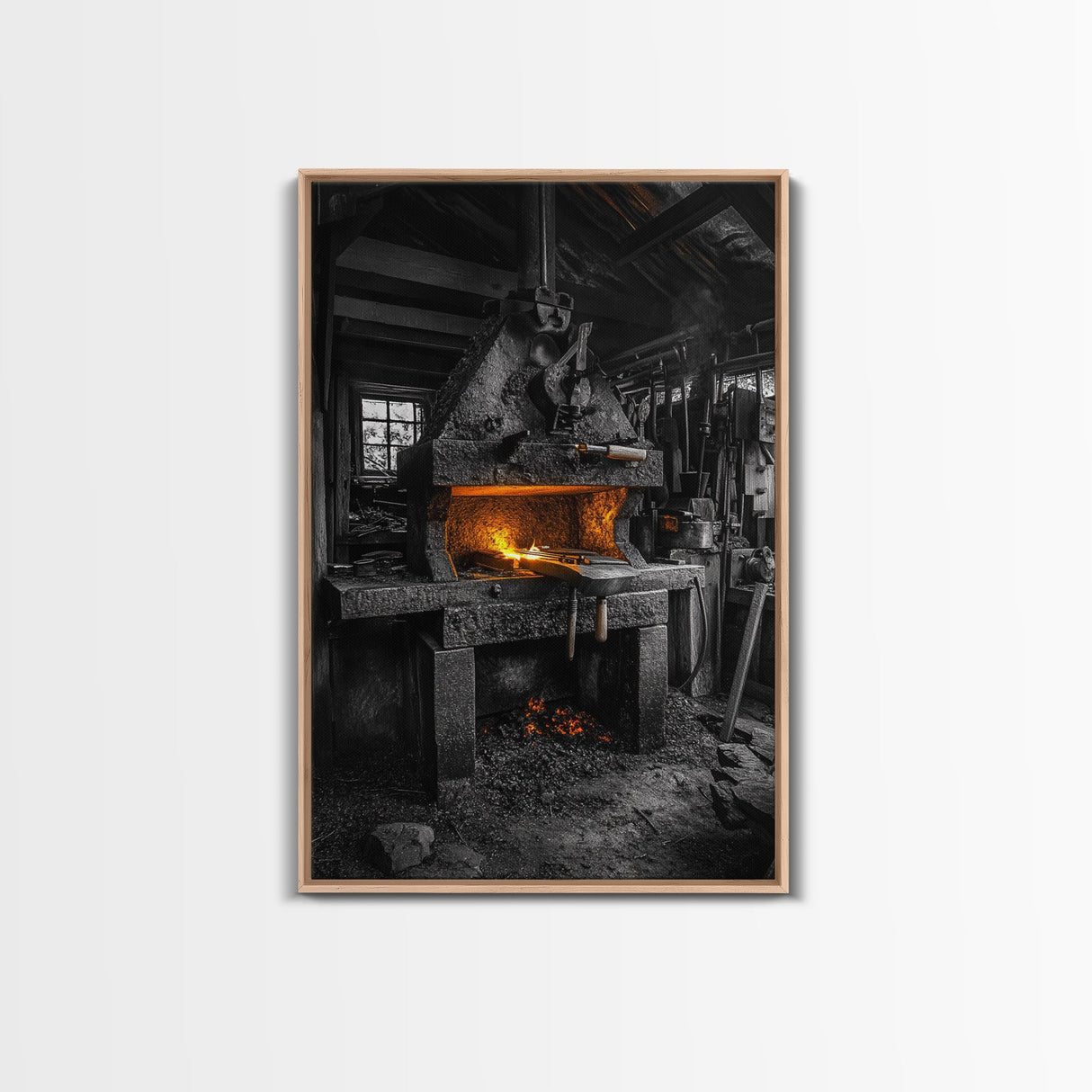 Forge Fire, Rustic Workshop, Industrial Heat, Metal Craft, Framed Canvas Print blacksmith decor, man cave wall art, moody workshop vibe