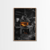 Forge Fire, Rustic Workshop, Industrial Heat, Metal Craft, Framed Canvas Print blacksmith decor, man cave wall art, moody workshop vibe