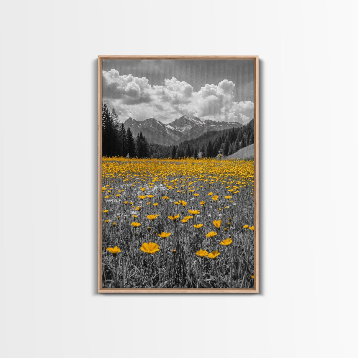 Yellow Wildflowers, Mountain Field, Blooming Meadow, Framed Canvas Print, Nature Photography, Rustic Decor, Dining Room Wall Art