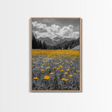 Yellow Wildflowers, Mountain Field, Blooming Meadow, Framed Canvas Print, Nature Photography, Rustic Decor, Dining Room Wall Art