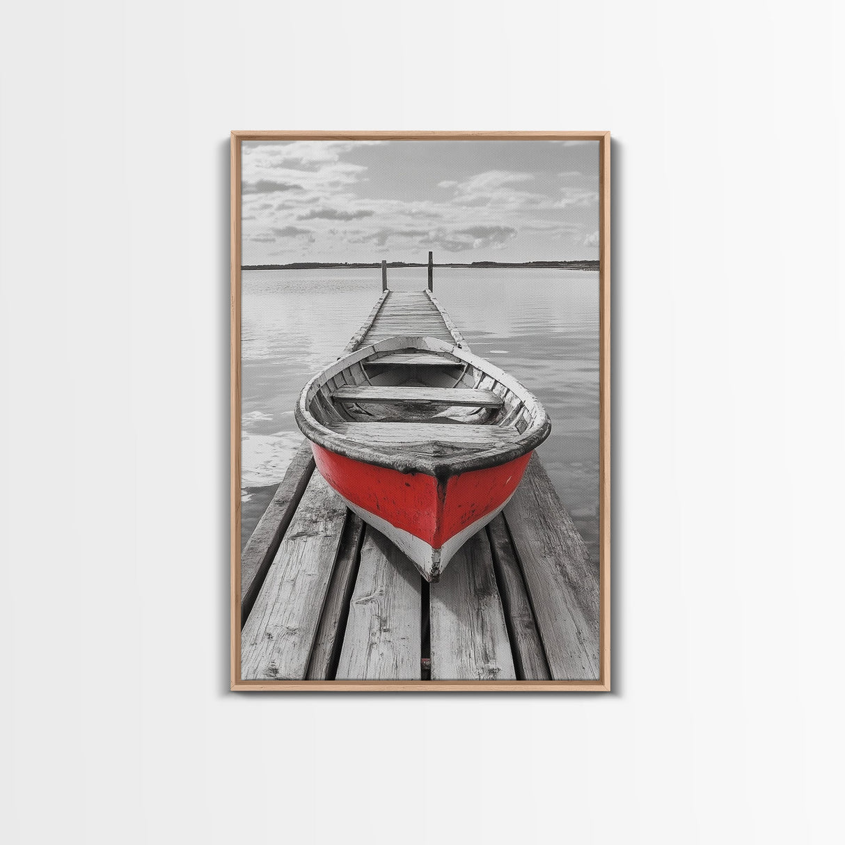 Red Rowboat, Dock Stillness, Minimalist Lake Scene, Canvas Print, Nautical Wall Art, Bathroom Decor, Tranquil Seascape, Coastal Aesthetic