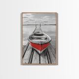 Red Rowboat, Dock Stillness, Minimalist Lake Scene, Canvas Print, Nautical Wall Art, Bathroom Decor, Tranquil Seascape, Coastal Aesthetic