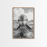 Dolphin Splash, Ocean Encounter, Monochrome Wildlife, Canvas Print, Coastal Wall Art, Bathroom Decor, Marine Animal Photography