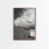 Yellow Raincoat, Ocean Storm, Moody Skies, Framed Canvas Print, Minimalist Wall Art, Coastal Entryway Decor, Contemplative Scene