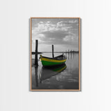 Green Yellow Boat, Serene Reflection, Dockside Calm, Framed Canvas Print, Coastal Bedroom Decor, Minimal Nautical Wall Art