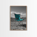Teal Camp Chair, Outdoor Minimalism, Desert Art, Canvas Print, Camping Wall Decor, Nature Photo, Rustic Retreat, Cabin Wall Art