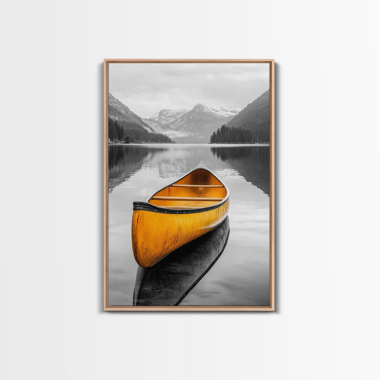 Yellow Canoe Lake, Misty Mountain Art, Canvas Print, Adventure Decor, Cabin Living Wall Art, Rustic Landscape Photo