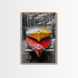 Stacked Kayaks, Red and Yellow, Forest Wall Art, Canvas Print, Adventure Photography, Outdoor Cabin Decor, Fall Travel Vibes